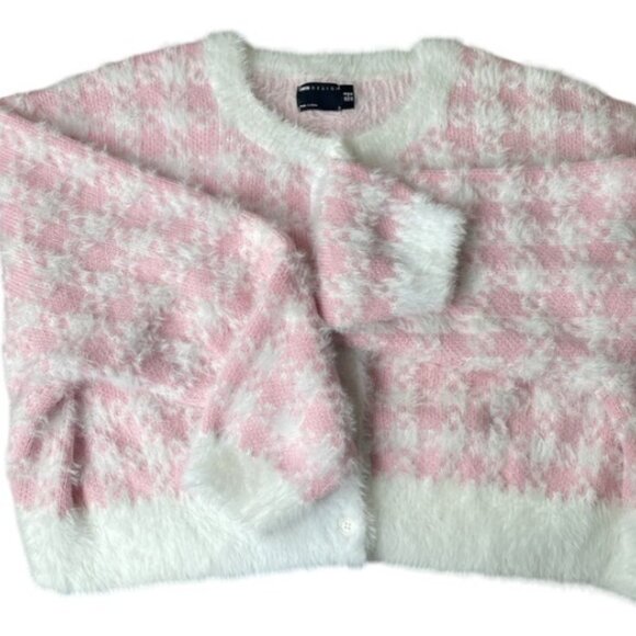 ASOS pink houndstooth fur button up cardigan sweater size 14 - Picture 4 of 7